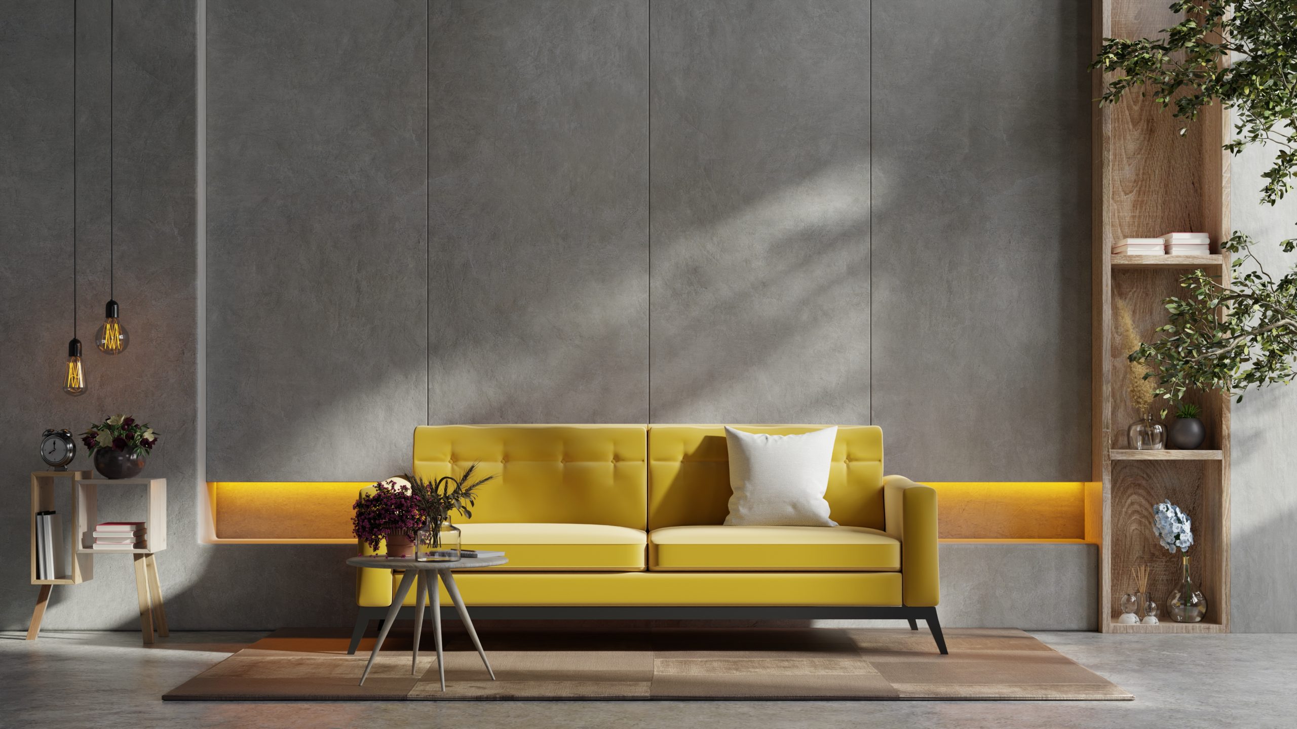 Yellow sofa and a wooden table in living room interior with plant,concrete wall.3d rendering